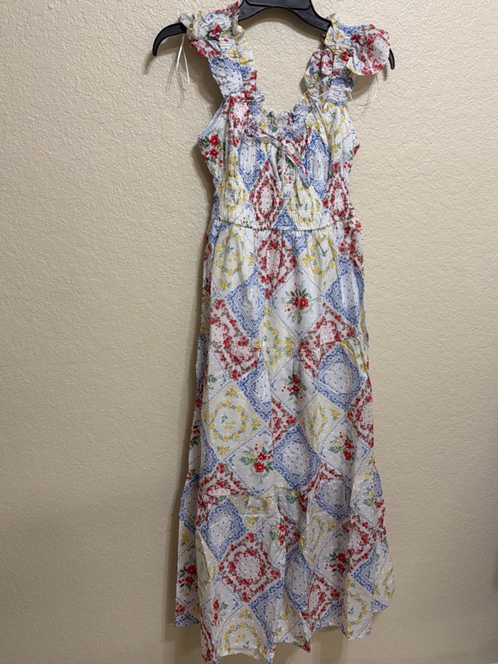 Self Esteem White Floral Patchwork Sundress with Ruffled Straps